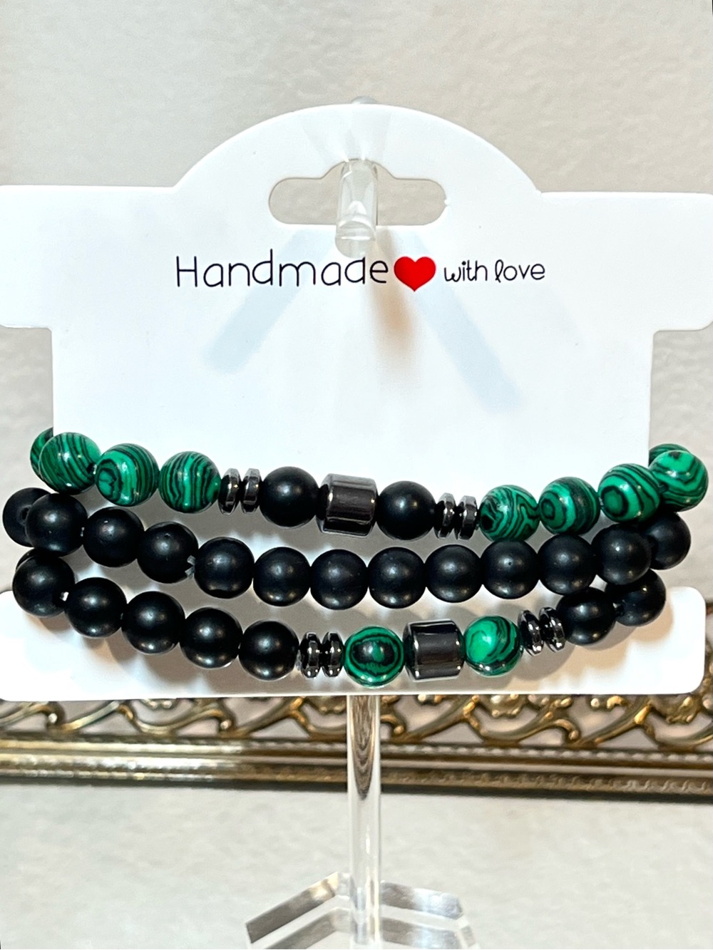 ☀️2/$20 NEW! Black Obsidian & Faux Malachite Beaded Stretch Bracelets | Hematite